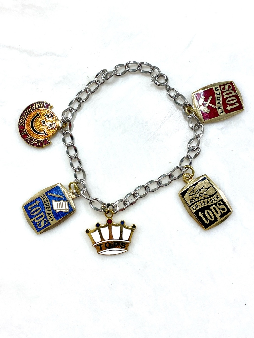 Vintage Tops Charm Bracelet – Silver Chain with Multicolor Enamel Charms